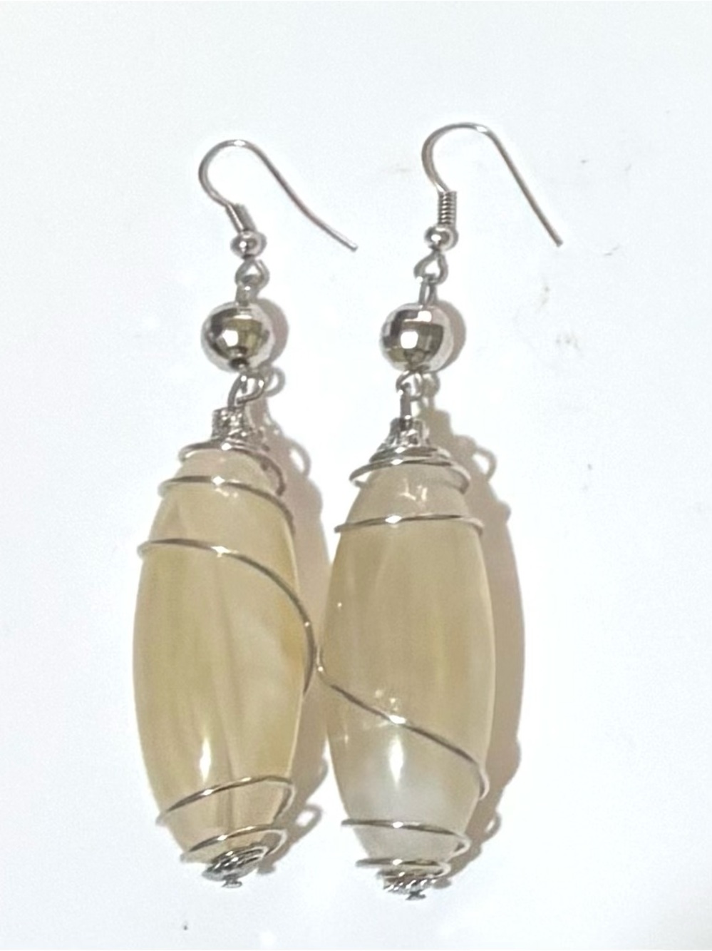 Cream Glass Drop Earrings with Silver Wire Accents - Women Jewelry